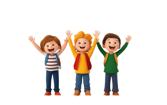3d icon Cheerful elementary students wearing backpacks, smiling and clean standing together against waving, minimalist background png