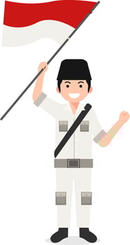 An Indonesian Hero Holding the Indonesian Flag in White Uniform vector
