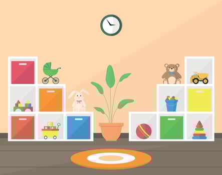 Interior of a room with shelves and toys. Playroom in a kindergarten or at home. Educational toys. vector