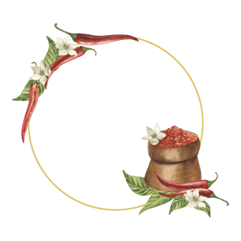 A round frame with red chili pepper, green leaves, white, a bag full of ground pepper. The watercolor illustration is drawn manually, for a label of hot food, a recipe for cooking, a spicy kitchen png