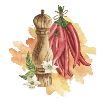 Watercolor illustration of a wooden mill for spices with red chili pepper, green leaves and white flowers on a yellow, orange background of spray. For design menu, kitchen decor or culinary design png