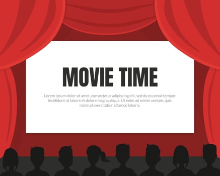 Movie Time Background with Space for Text, Cinema Red Curtains and Silhouettes of Viewers Illustration vector