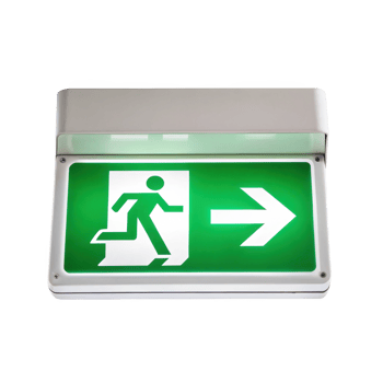 Illuminated green emergency exit sign showing running man and arrow on transparent background png