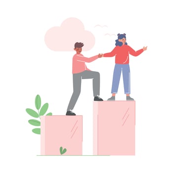 Businesswoman Helping her Male Collegue to Climb up on Column of Columns, Moving up Motivation Business Concept Cartoon Illustration vector