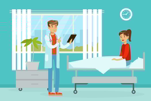 Male Doctor Examining and Treating Female Patient, Medicine, Healthcare Concept, Hospital Room Interior Cartoon Illustration vector