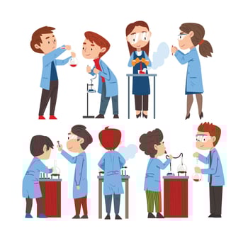 Chemist Doing Experiments Set, Scientist or Student Characters in Lab Coat Working at Researching Laboratory Cartoon Style Illustration vector