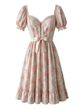 Pastel Pink Summer Dress with Floral Print and Lace Trim on Transparent Background. png