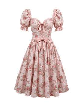 Elegant Floral Pink Dress with Puff Sleeves and Bow Detail on Transparent Background. png