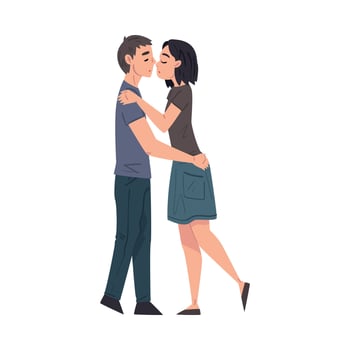 Happy Young Man and Woman in Love Hugging and Kissing, Romantic Loving Couple Cartoon Style Illustration vector