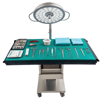 Veterinary operating table with surgical instruments and lamp on transparent background png