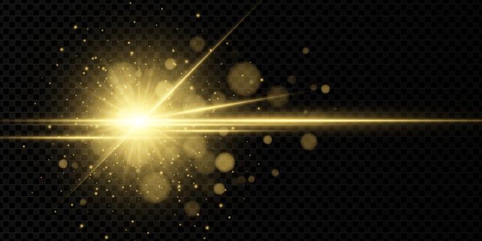 Radiant golden sunlight flare with glowing beam and magic sparkle. Abstract aura with starburst and bright shine. sky inspired background for festive or energy themes. vector