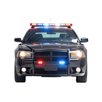 Black police cruiser with flashing lights on transparent background png