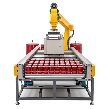 Robotic arm handling cardboard box over conveyor belt with red cans on transparent background png