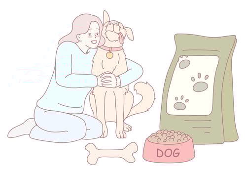 A woman warmly embracing her beloved dog while surrounded by essential food items vector
