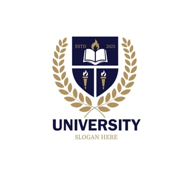 Modern logo design showcases an open book, symbolic torches, and a laurel wreath, emphasizing education and knowledge. Ideal for university branding and marketing efforts. vector