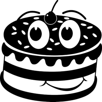 Cute cartoon cake with smiling face, topped with cherry and sprinkles, evokes joy vector