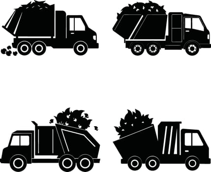 Set of black silhouette garbage trucks illustration with waste vector