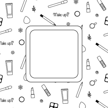 Cosmetics, perfume, lipstick Square frame template graphic line illustration. Black and white cosmetic makeup art. For poster, flyer, banner, invitation, social media, party or sale vector