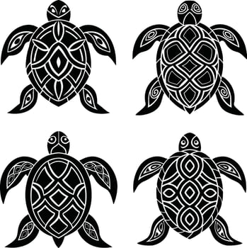 Four black turtle illustrations with intricate designs on a white background vector