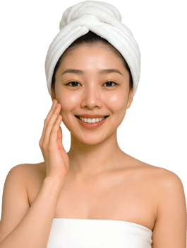 Asian woman with towel on her head and smiling png