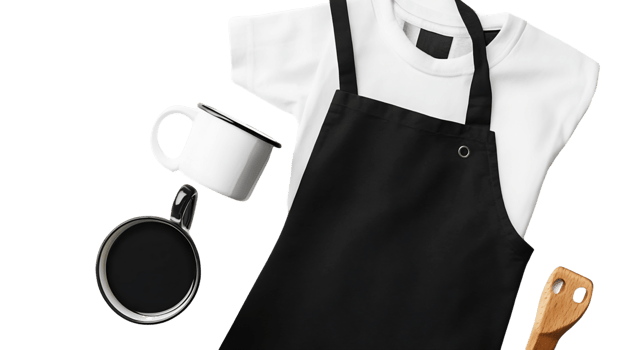 Black Apron and White Shirt Mockup with Enamel Mug and Wooden Cutting Board png