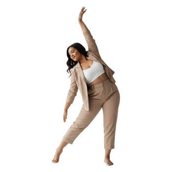 Confident Woman in Beige Pantsuit Striking a Graceful Pose png