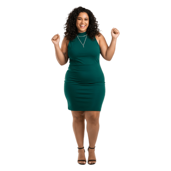Confident Curvy Woman in Emerald Green Dress Celebrating Success png
