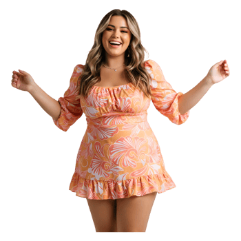 Confident Woman in Peach Floral Summer Dress Posing Joyfully png