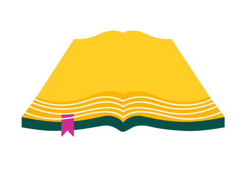Open book with yellow pages and a pink bookmark. A stylized graphic of an open book with yellow pages and a pink bookmark extending from the top, symbolizing reading, study, or knowledge. vector