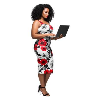 Confident Woman in Floral Dress Working on Laptop png