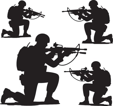 Soldiers kneeling silhouettes with rifles military combat vector