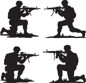 Silhouettes of soldiers kneeling with rifles vector