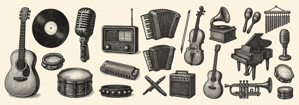 A harmonious assembly of musical instruments creates a symphony of artful vintage style design vector