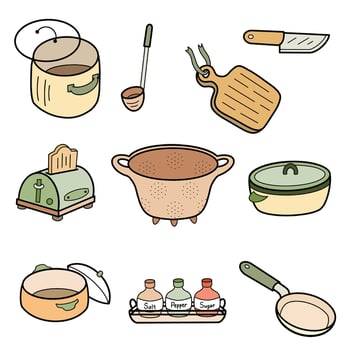 Set of kitchen utensils and cooking tools colorful illustration vector