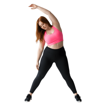Plus Size Woman Performing a Dynamic Stretching Exercise Routine png