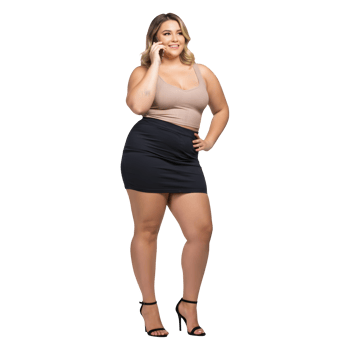 Confident Plus Size Woman in Stylish Mini Skirt Talking on Cell Phone png