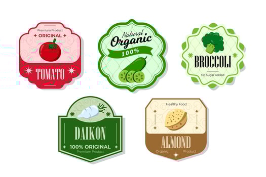 Different retro vegetables banner and labels. Packaging tags with tomato, daikon, almond, broccoli. Set of seasonal vegetables labels stickers and marks or badges template for packaging vector
