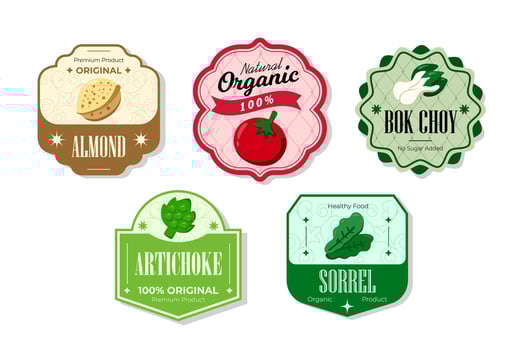 Different retro vegetables banner and labels. Packaging tags with almond, artichoke, sorrel, bok choy. Set of seasonal vegetables labels stickers and marks or badges template for packaging vector