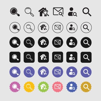 Search and Contact Icons, Essential symbols for website navigation, including search, home, email, and user profiles vector