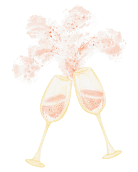 Hand drawn watercolor of two clinking champagne glasses. Transparent background. Ideal for celebration, wedding, party, New Year, and greeting card designs. png
