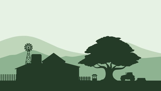 Countryside landscape of farmhouse scenery. Panoramic view of rural house with windmill and tractor under big tree. Scenery cloudscape over the farmland in rural environment vector