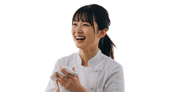 A cheerful young Asian female chef wearing a white uniform laughing and holding a towel png