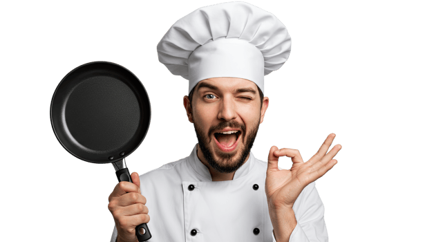 A happy chef winking and holding a frying pan png