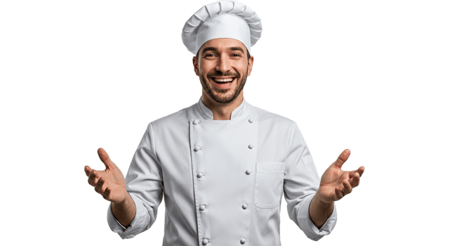 A happy chef with open arms and a welcoming smile in a professional white uniform png