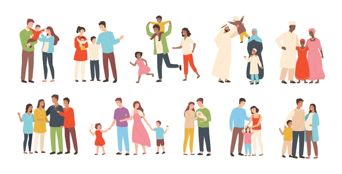 Set of happy traditional heterosexual families with children. Smiling mother, father and kids. Cute cartoon characters isolated on white background. Colorful illustration in flat style. vector