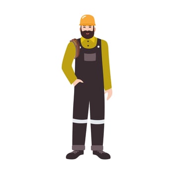 Residential plumber, drain or pipe cleaning service worker wearing overalls and hard hat. Smiling male cartoon character isolated on white background. Colored illustration in flat style. vector