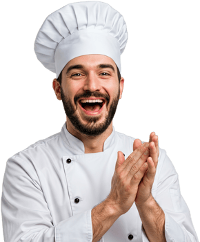 Cheerful male chef in white uniform clapping hands with a big smile on his face png