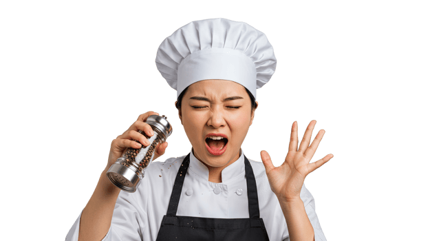 Chef with pepper shaker reacting to too much spice in the kitchen environment png