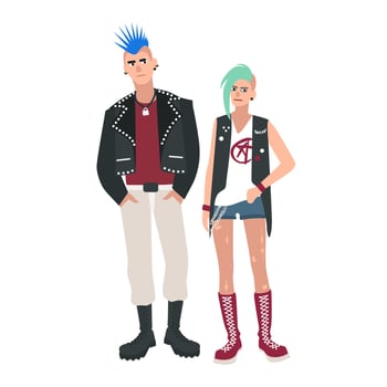 Young man and woman with mohawk hairstyle. Pair or punk rockers dressed in ripped clothes. Funny male and female cartoon characters isolated on white background. Colorful illustration. vector