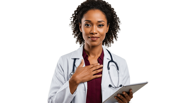 Confident African American female doctor holding a tablet and wearing a stethoscope png